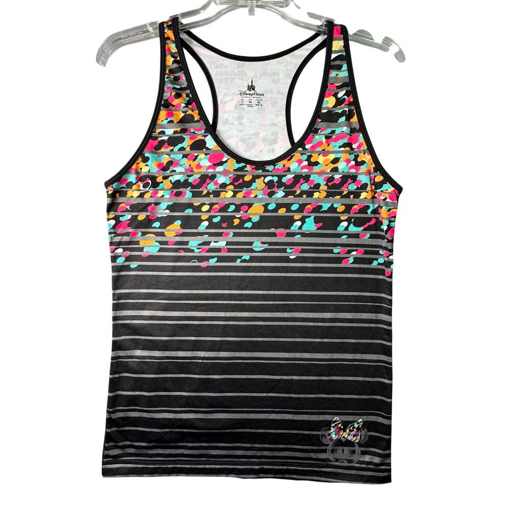 Disney Parks Minnie Mouse Confetti‎ Stripe Racerback Tank Top Large Black Multi